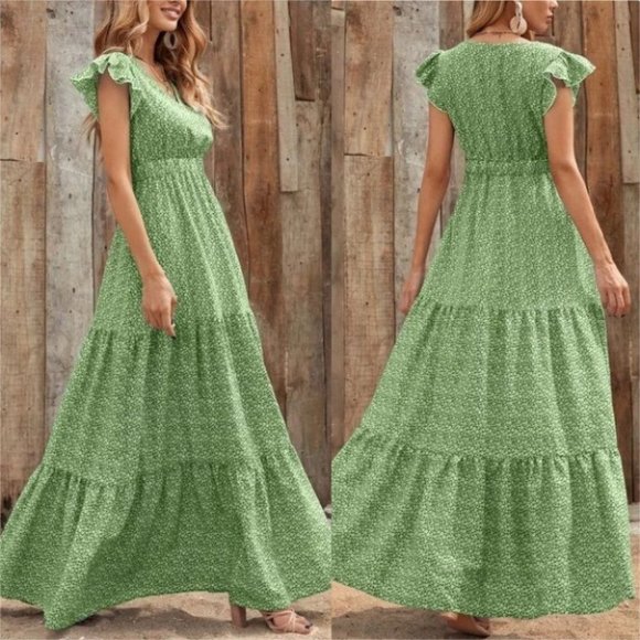. Dresses & Skirts - Ditsy Print Ruffle Hem Maxi Dress GREEN